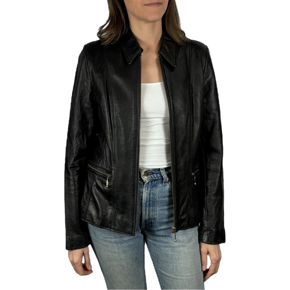 SIENA STUDIO 90'S SOFT LEATHER COLLARED ZIP UP BLACK CLASSIC CASUAL JACKET